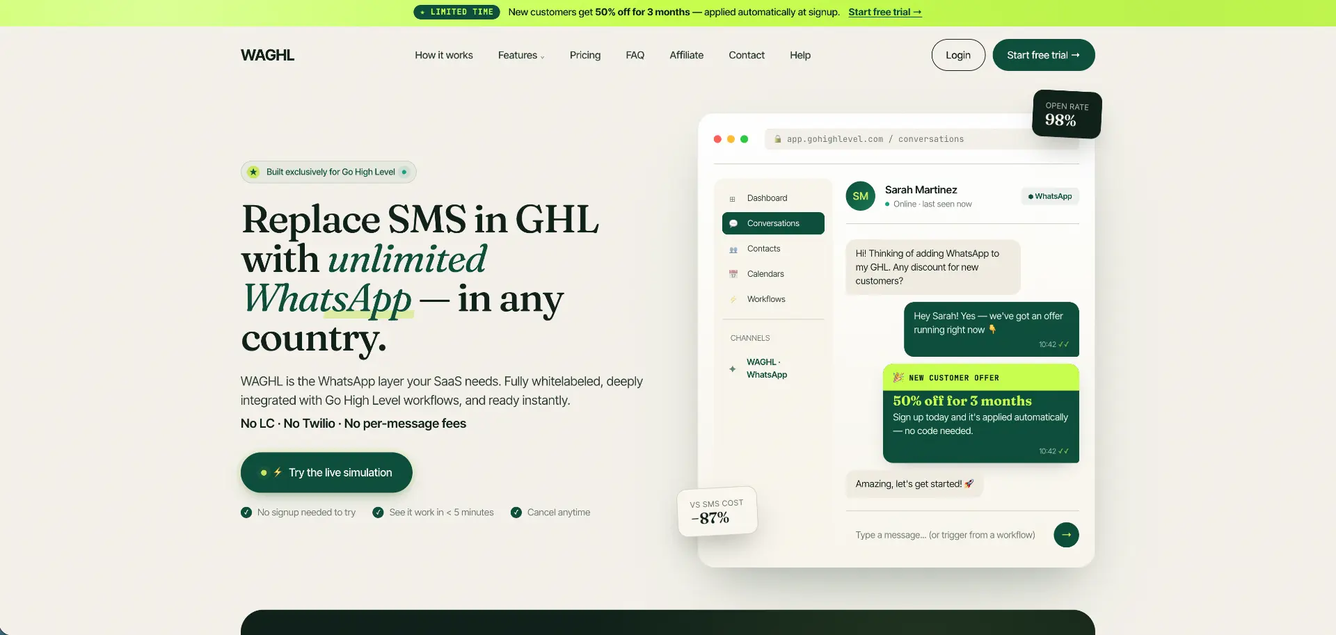 WAGHL website presenting a WhatsApp integration for GoHighLevel with a conversations interface