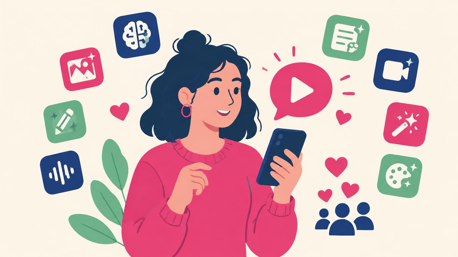 Flat illustration of a creator holding a phone surrounded by AI app icons and audience hearts