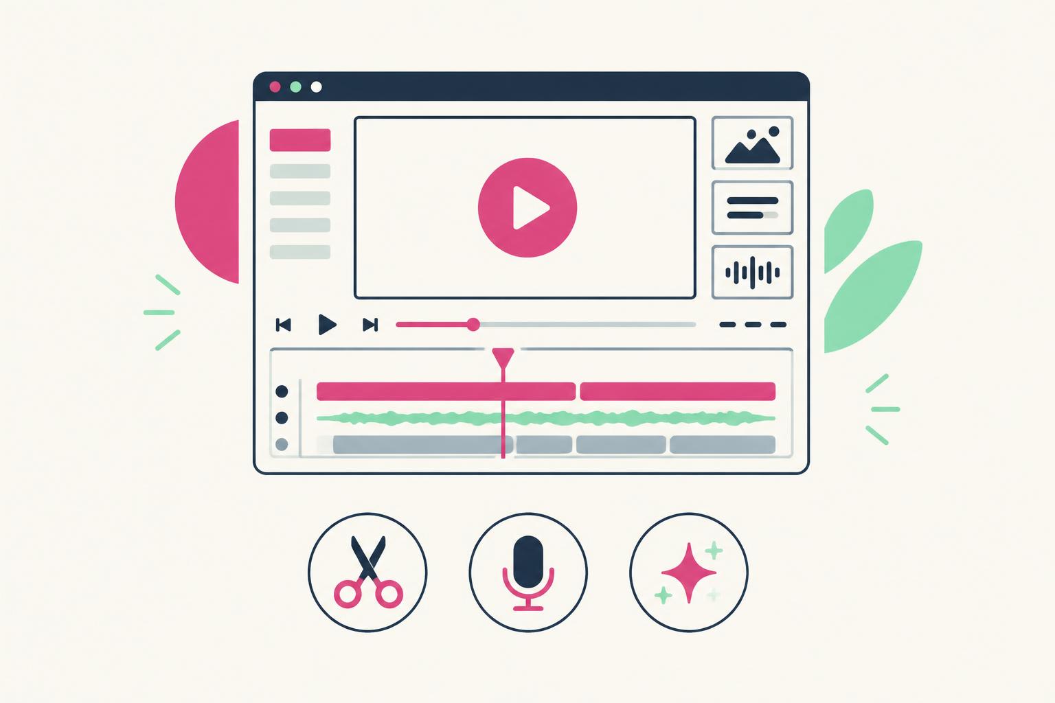Flat illustration of a product video interface, timeline and editing tools