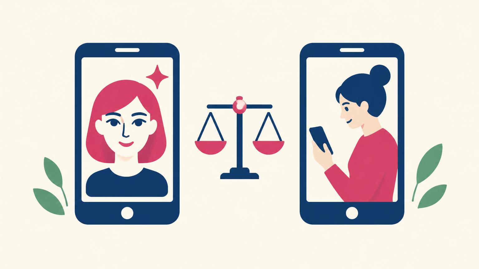Flat illustration of two phones, one with an AI avatar and one with a human creator, with a balance scale between them