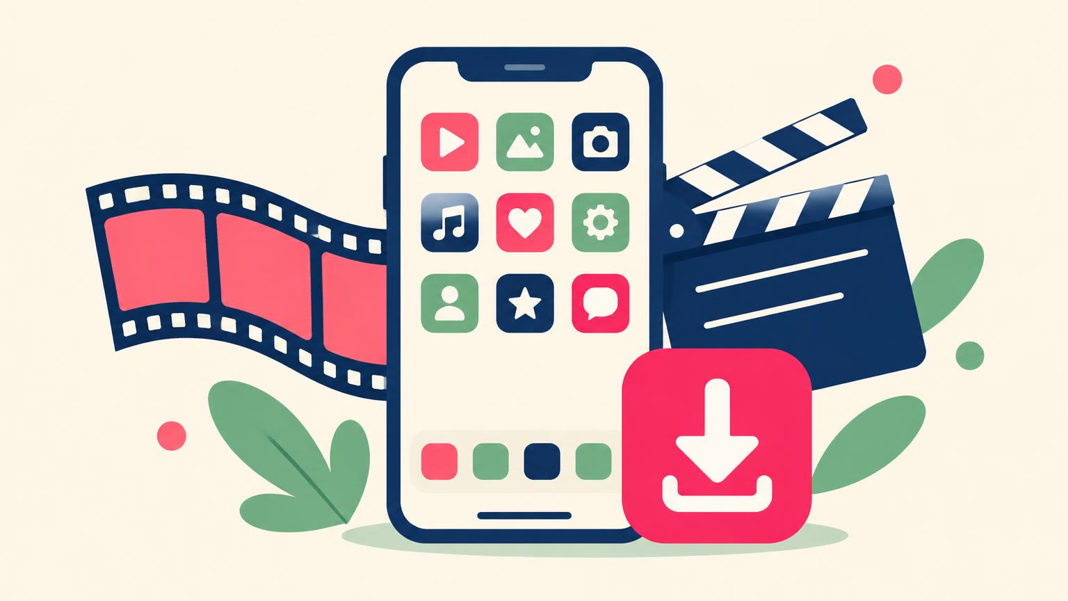 Flat illustration of a smartphone with app icons, a film strip, a clapperboard and a download button