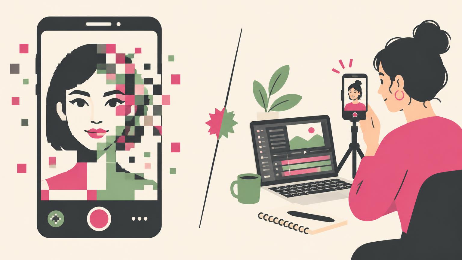 Flat illustration comparing a pixelated AI avatar on a phone with a real creator filming next to a laptop