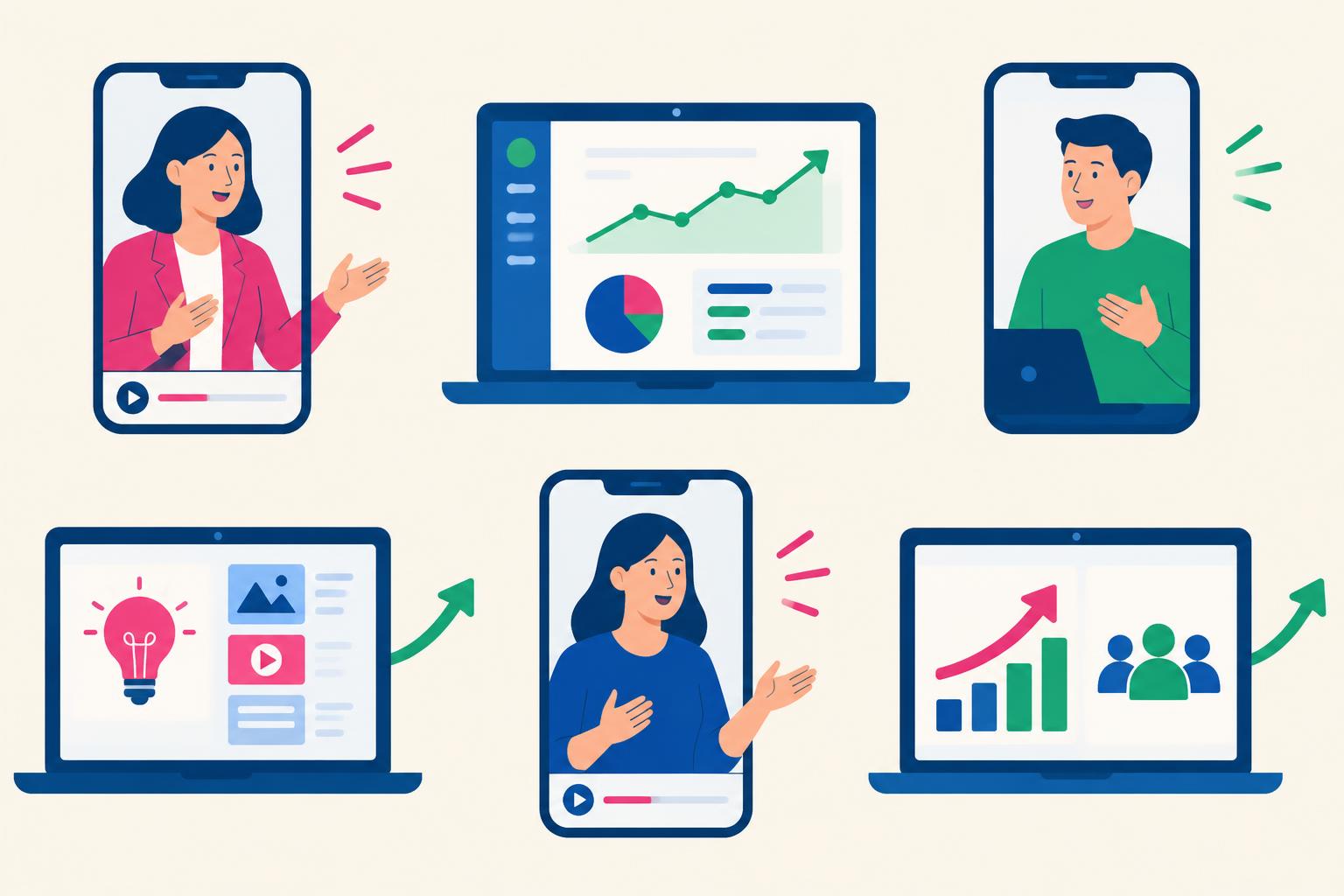 Flat illustration of creator videos and software dashboards arranged in a grid