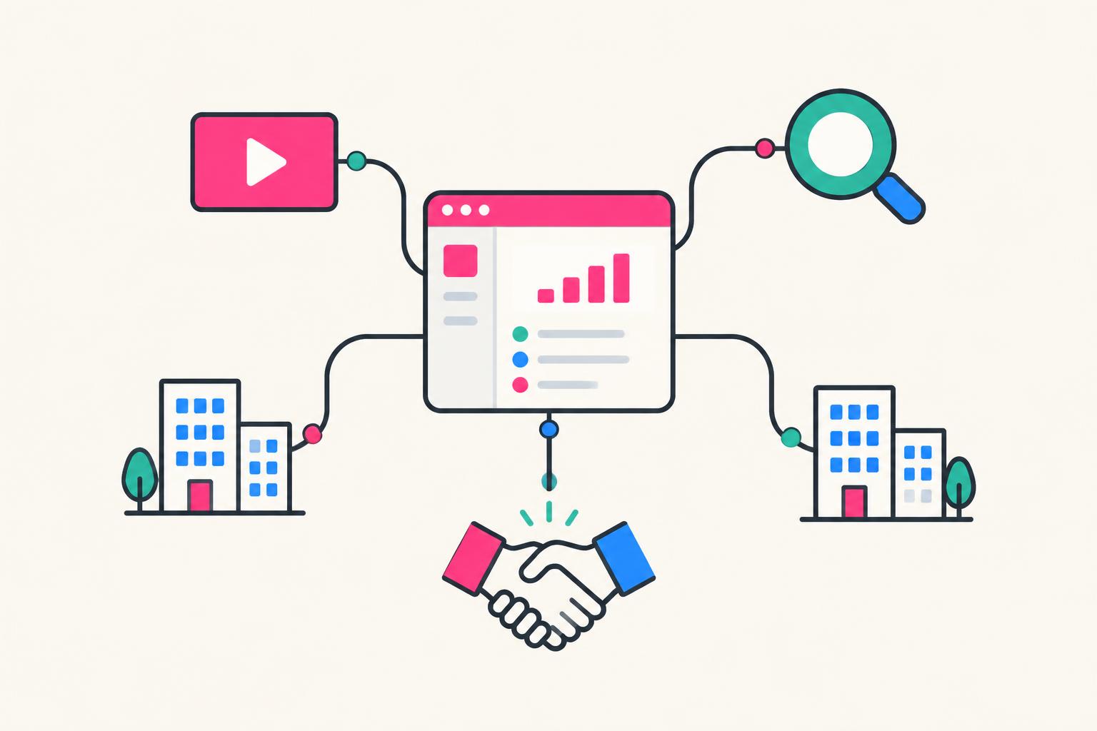 Software dashboard connected to video, search, business buildings and a partnership handshake