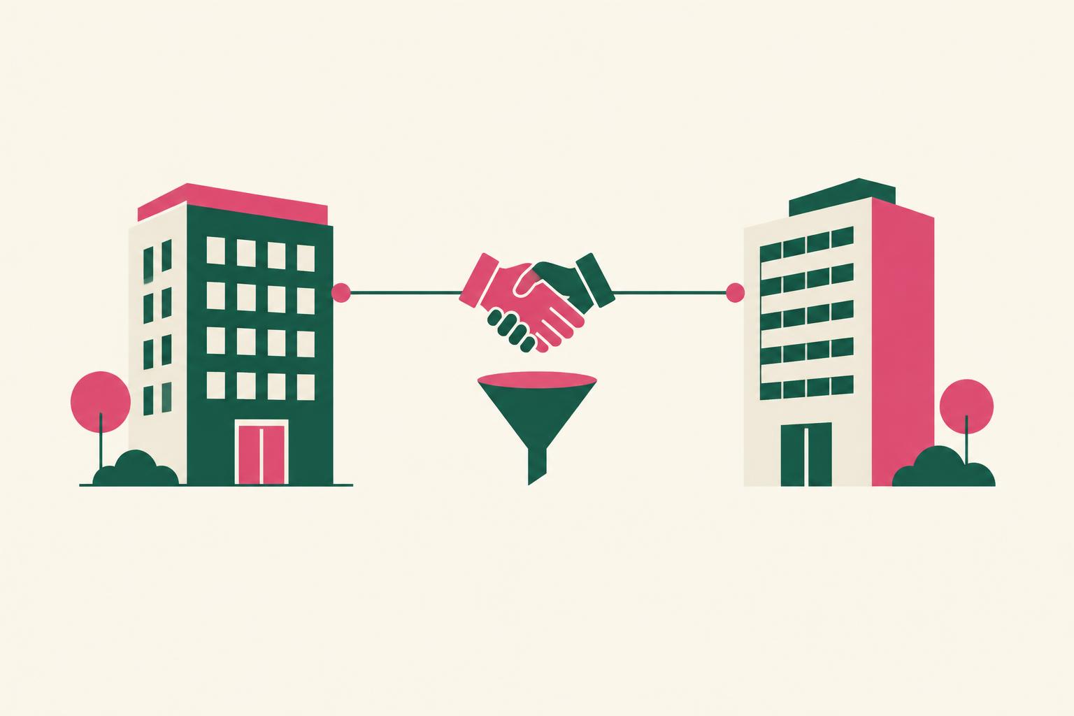 Minimal flat illustration of two buildings connected by a handshake and a funnel