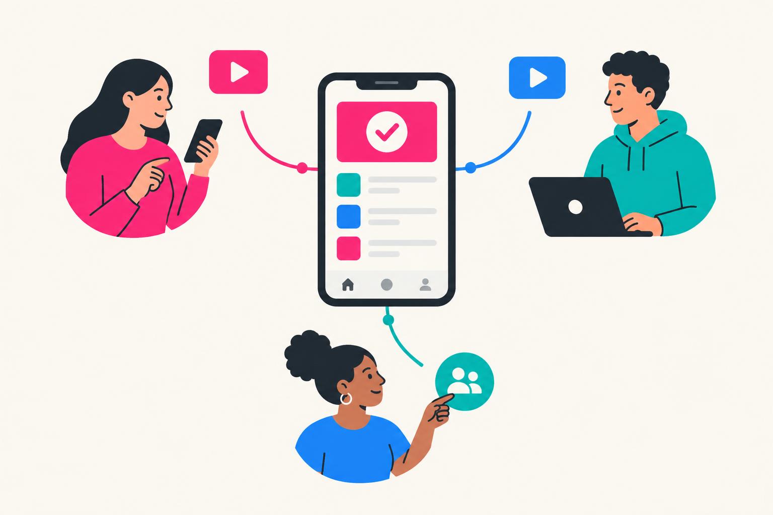 People connected to a consumer software smartphone through video and referral symbols
