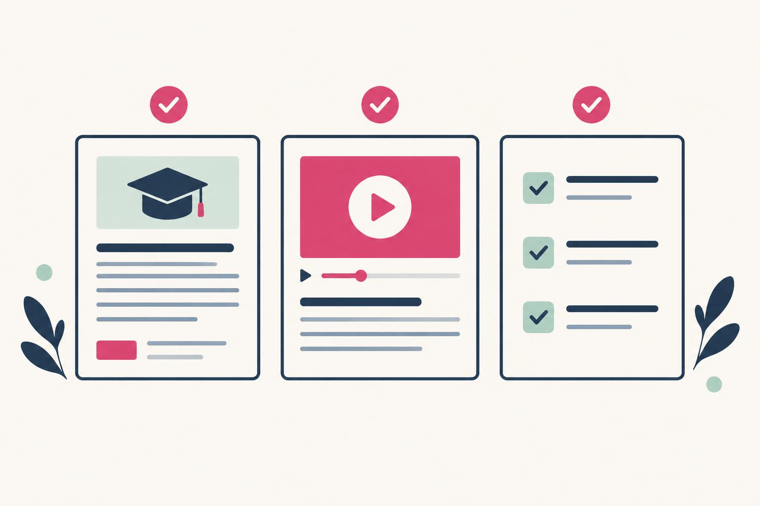 Editorial illustration of educational content, a product demo and a proof checklist