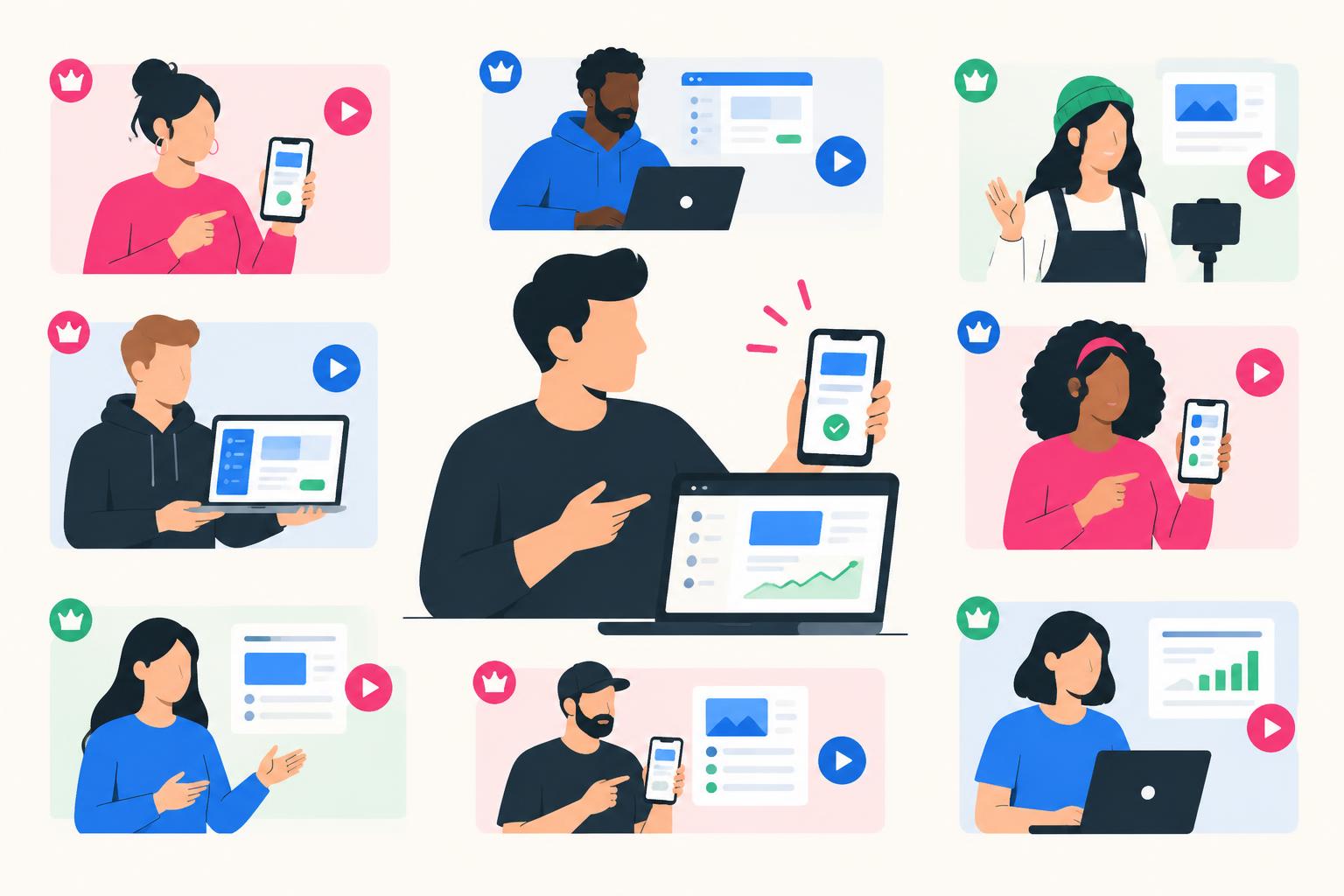 Flat editorial illustration of diverse creators demonstrating SaaS products on phones and laptops