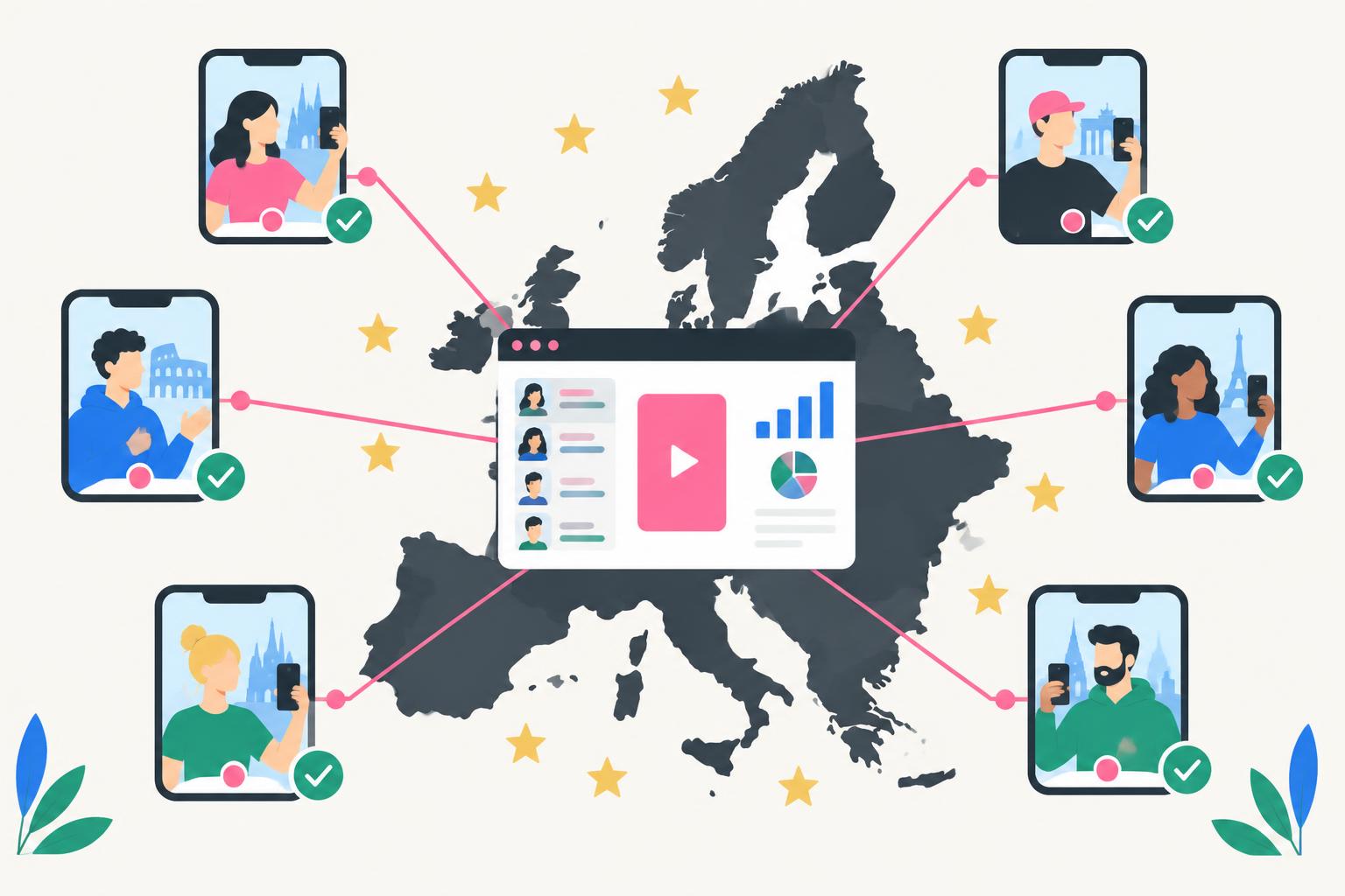 Flat editorial illustration of European UGC creators connected to a campaign dashboard