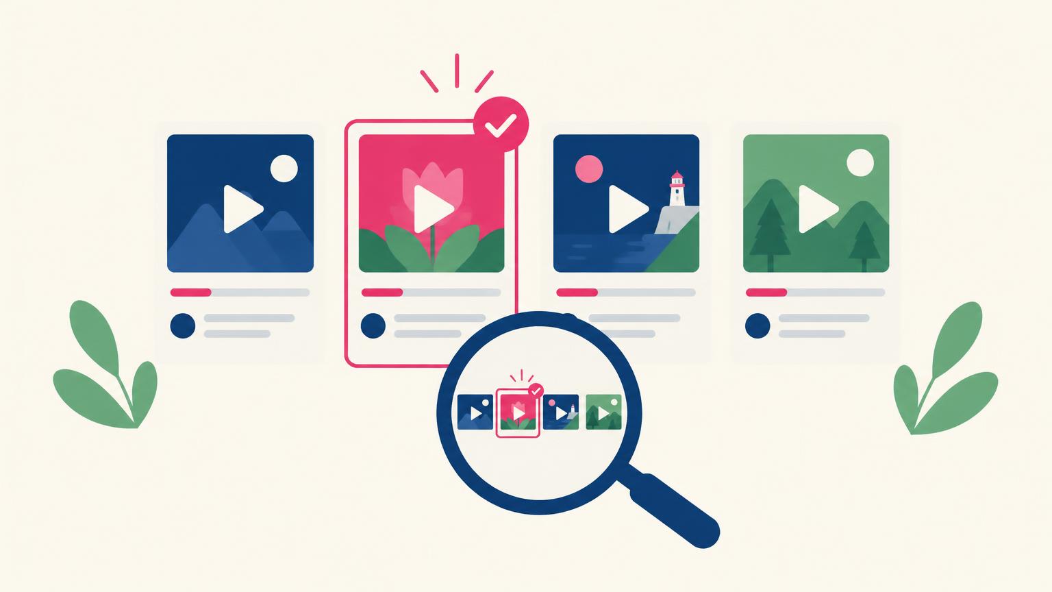 Flat illustration of four video cards with one highlighted by a pink checkmark and a magnifying glass