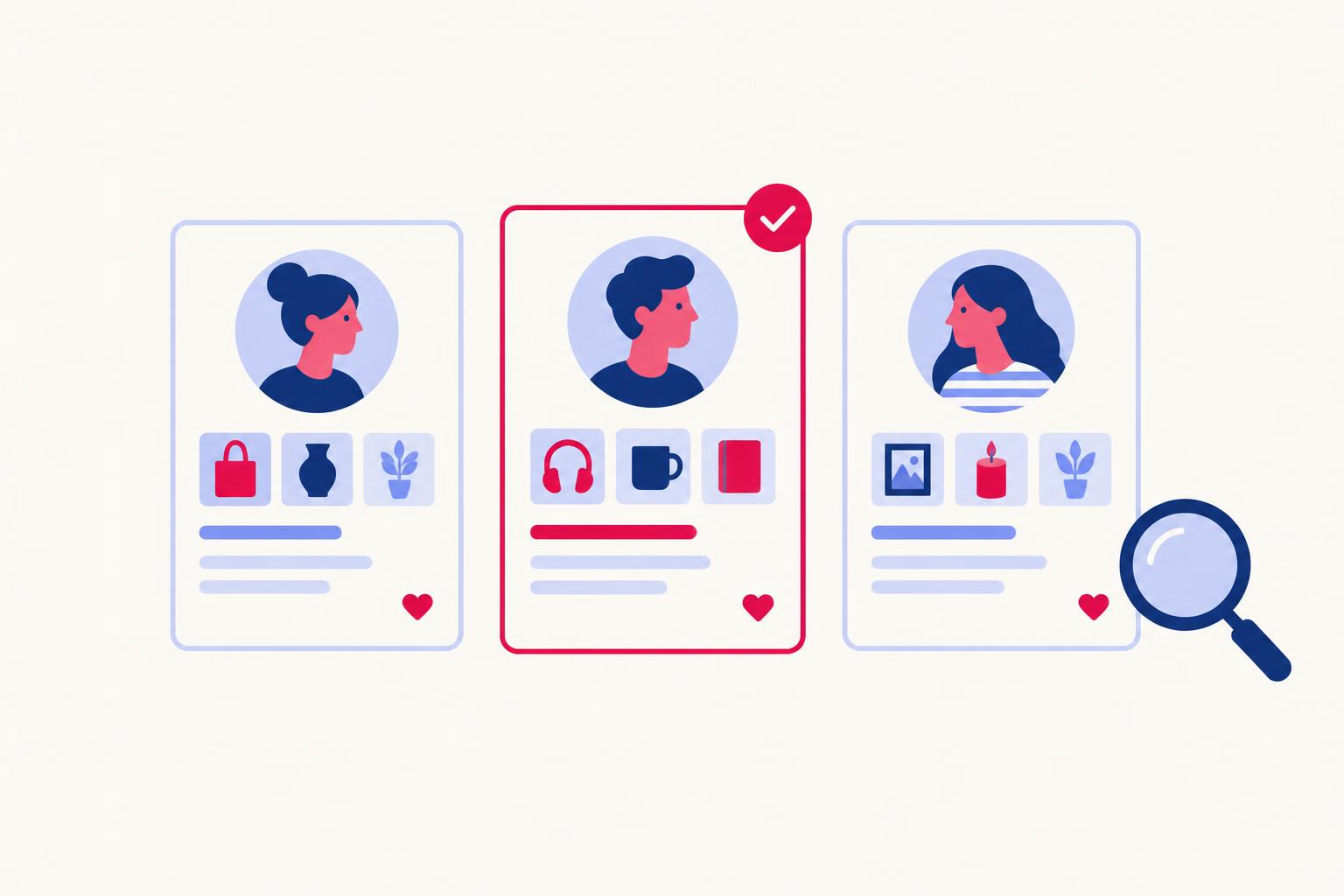 Three creator marketplace cards, one highlighted with a check badge, beside a magnifying glass