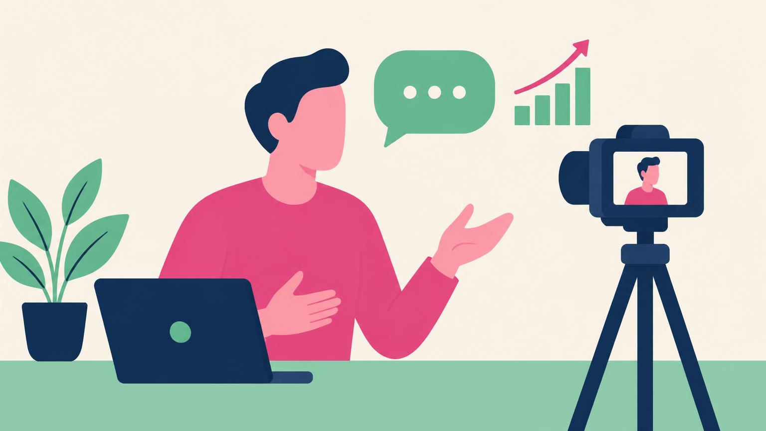 Flat illustration of a founder speaking to a camera on a tripod with a speech bubble and rising chart
