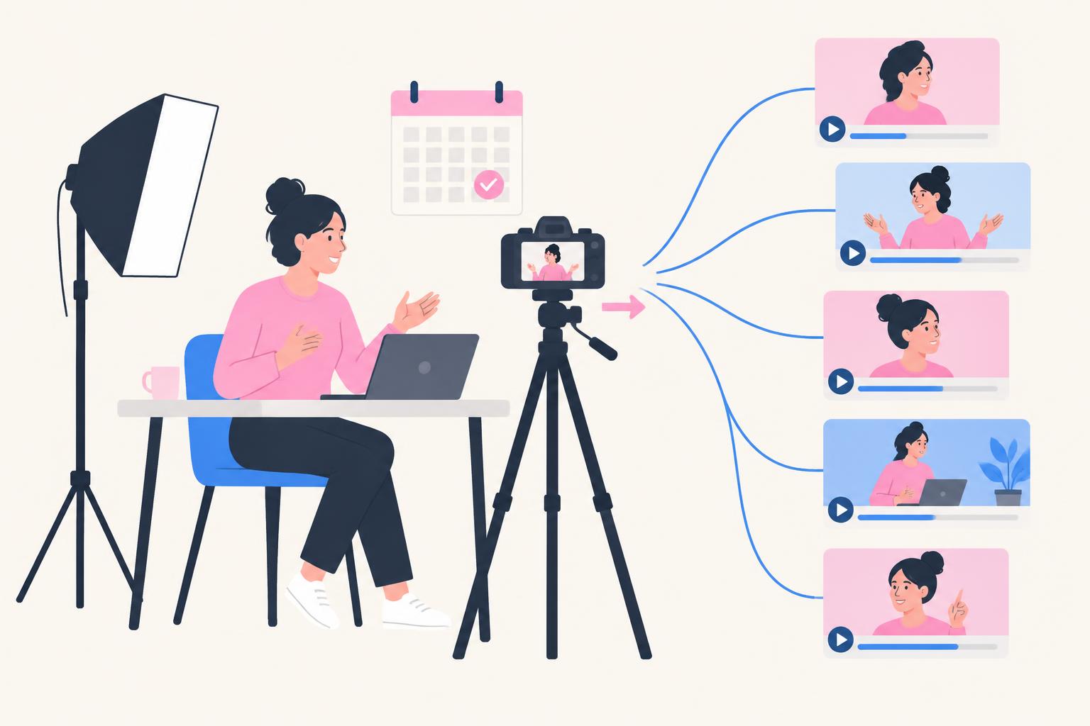 Flat illustration of a founder recording into a camera on a tripod, with one session fanning out into a month of video clips