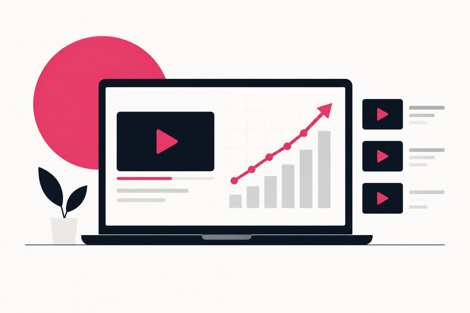 Minimal illustration of a laptop with video analytics and a rising chart