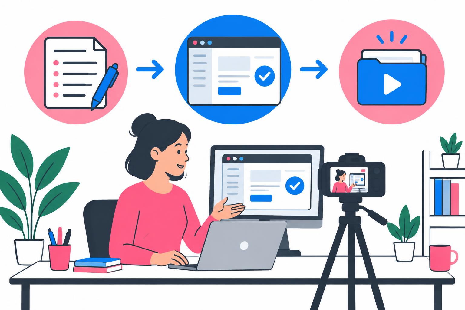 Human creator recording a software demo beneath a script-to-proof-to-video delivery workflow