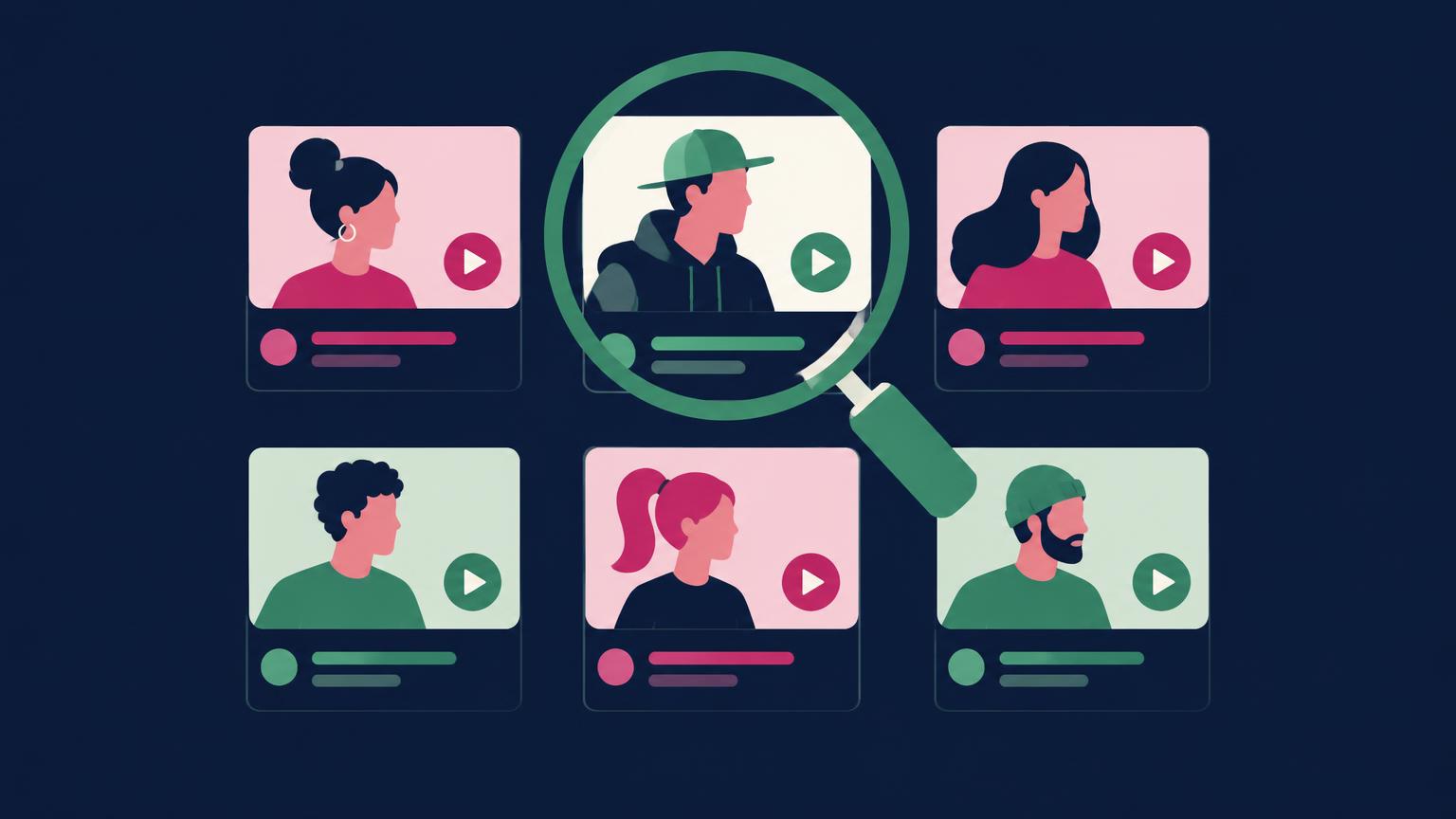 Flat illustration of a magnifying glass highlighting one creator profile in a grid of video cards