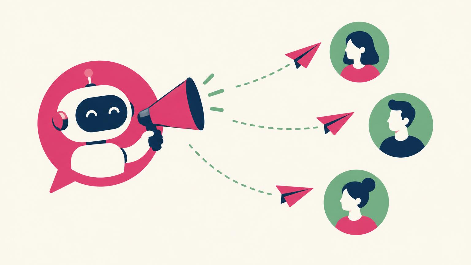 Flat illustration of a friendly AI agent with a megaphone sending messages to three customers