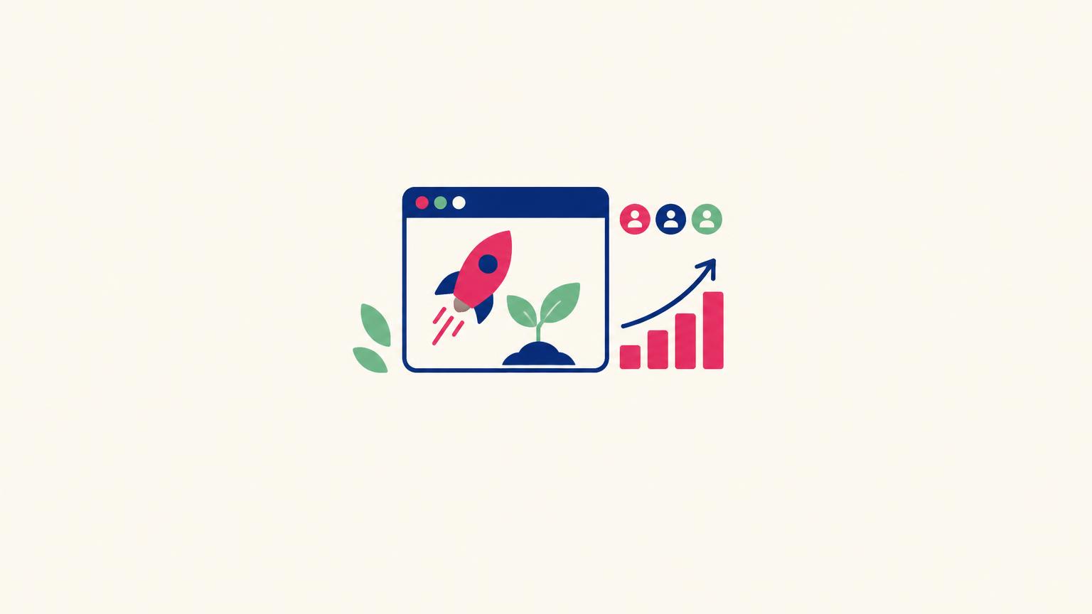 Flat illustration of a small browser app with a rocket, a seedling and a rising bar chart