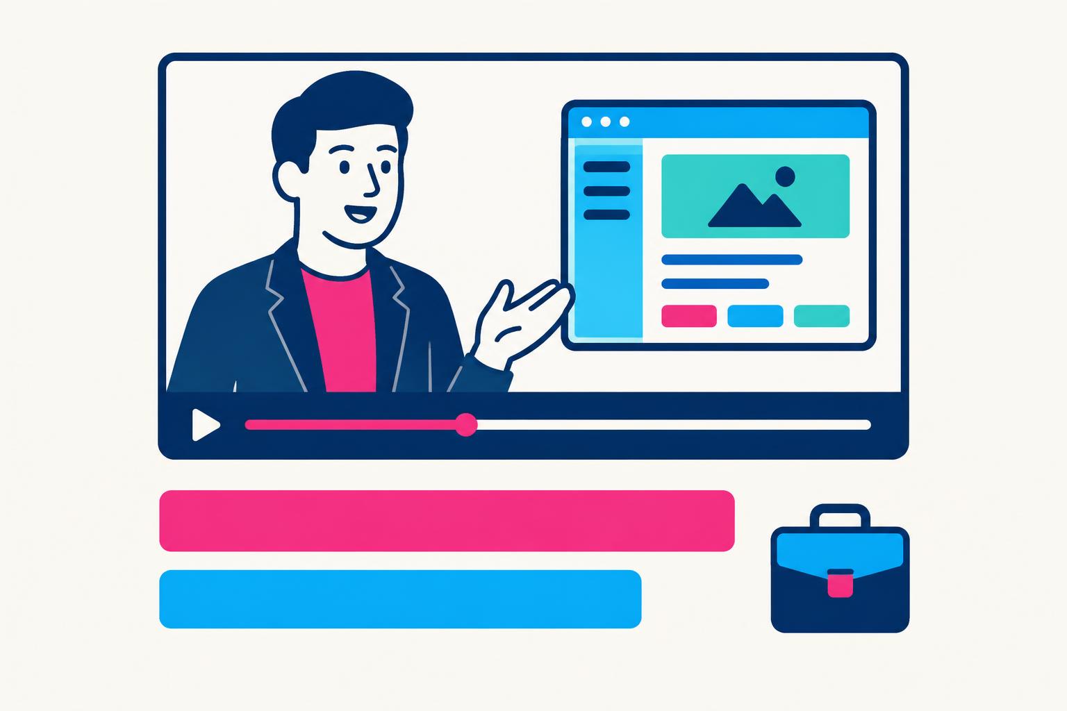 Professional creator and software workflow in a video frame with caption bars and a briefcase
