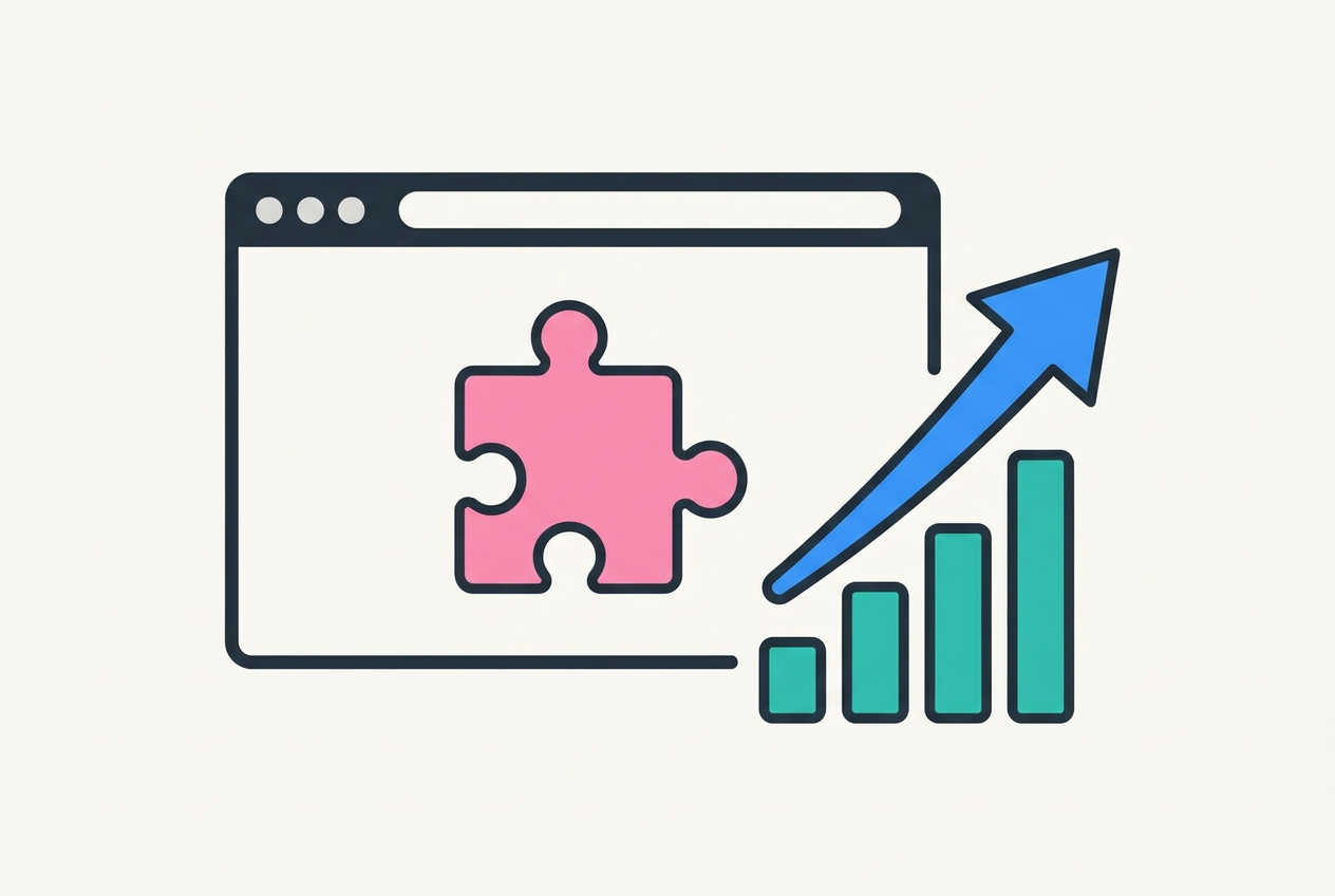 Minimal illustration of a browser extension puzzle piece beside a growth arrow and teal bars