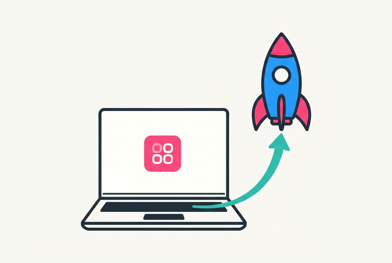 Minimal illustration of an app on a laptop connected by a growth arrow to a rocket