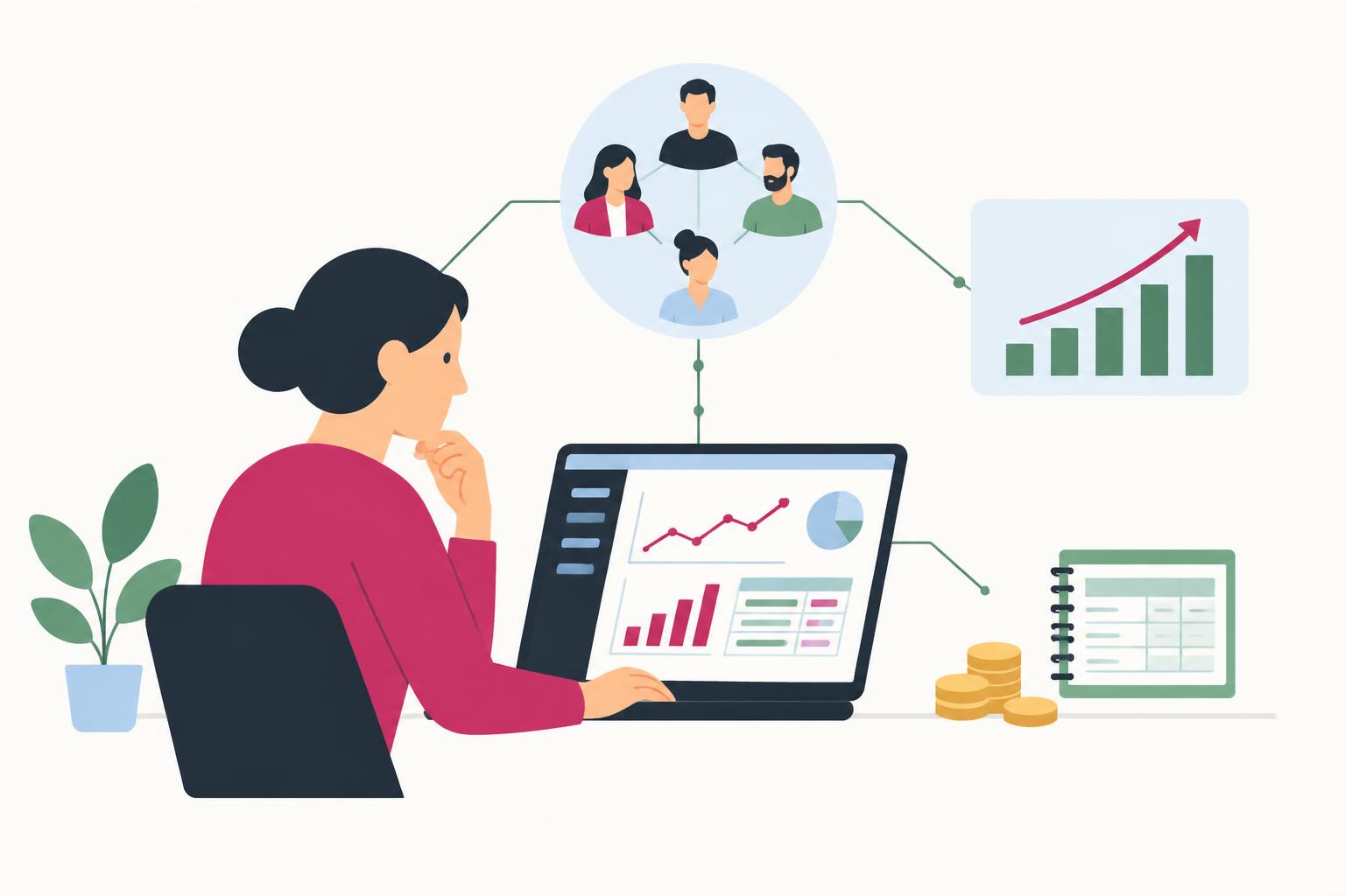 Founder studying a SaaS dashboard, connected to partners and a modest growth chart