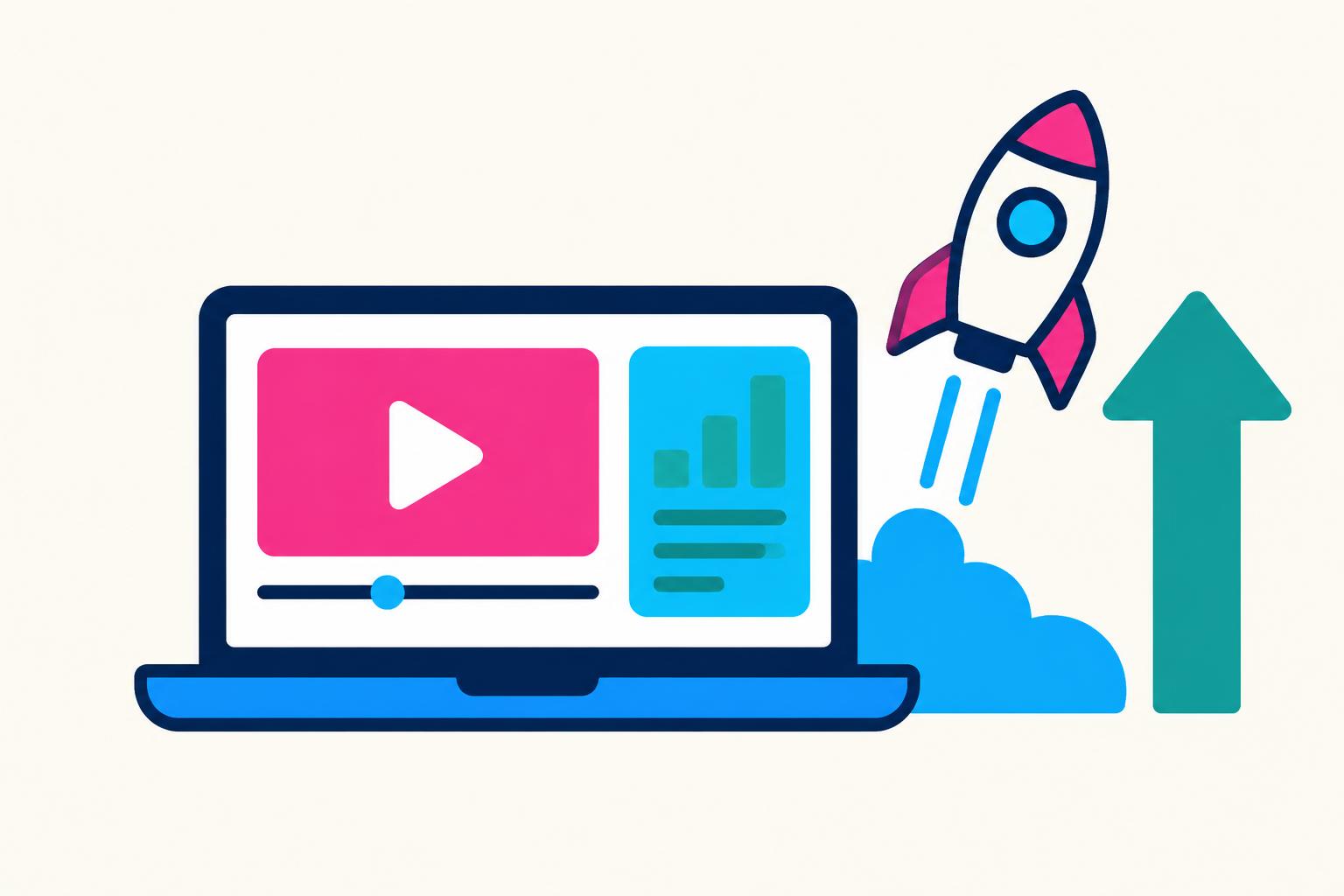 Laptop launch video next to a small rocket and upward arrow