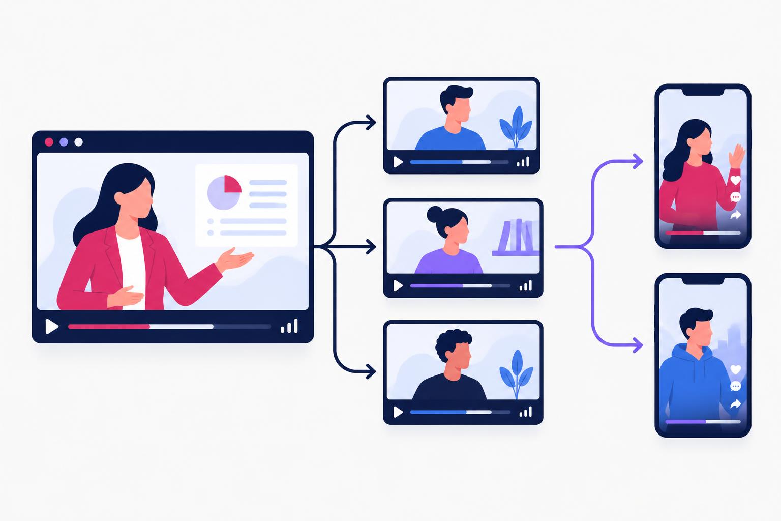 One webinar screen branching into three long videos and two vertical short-video tiles