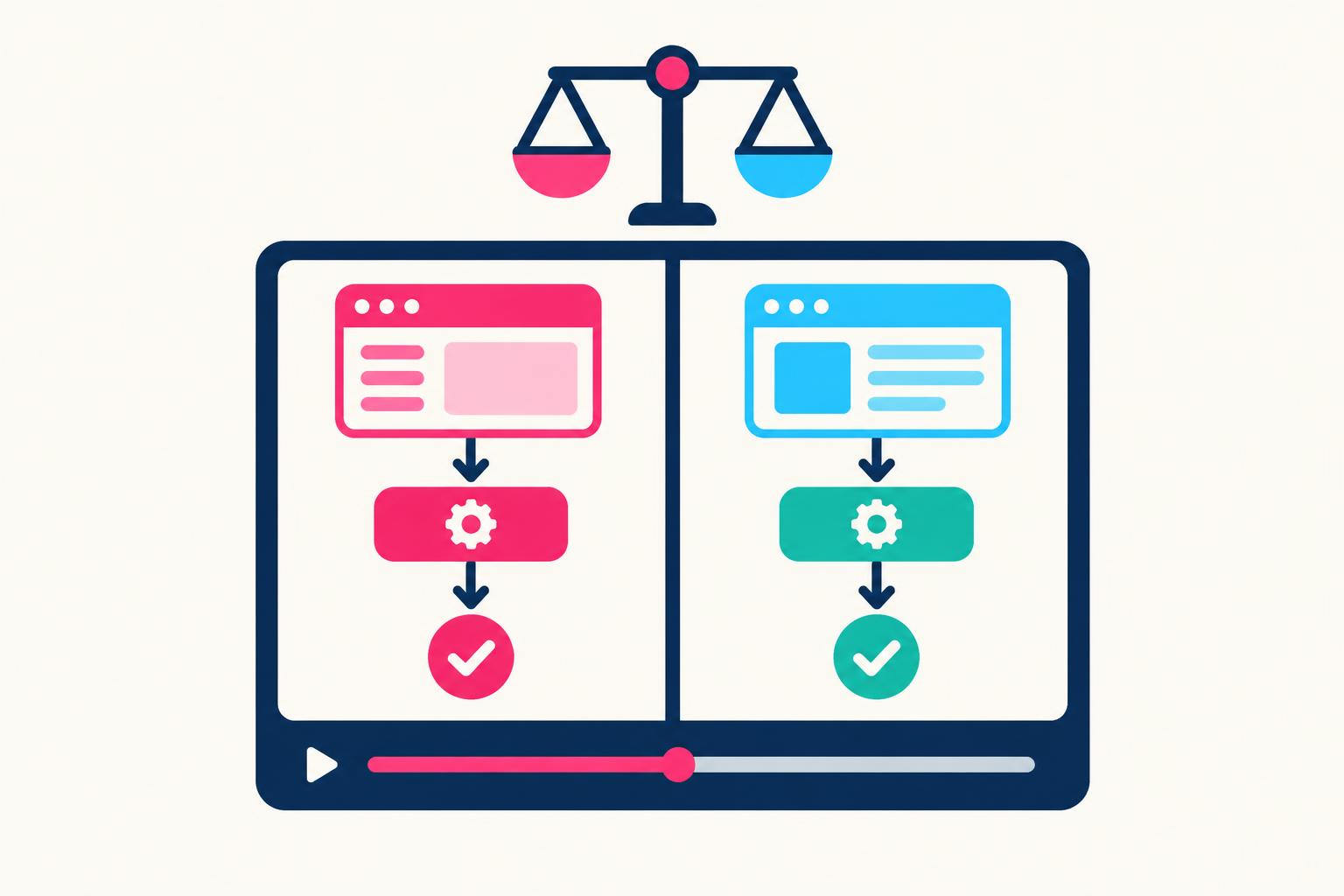 Two software workflows compared side by side in a video player beneath balanced scales