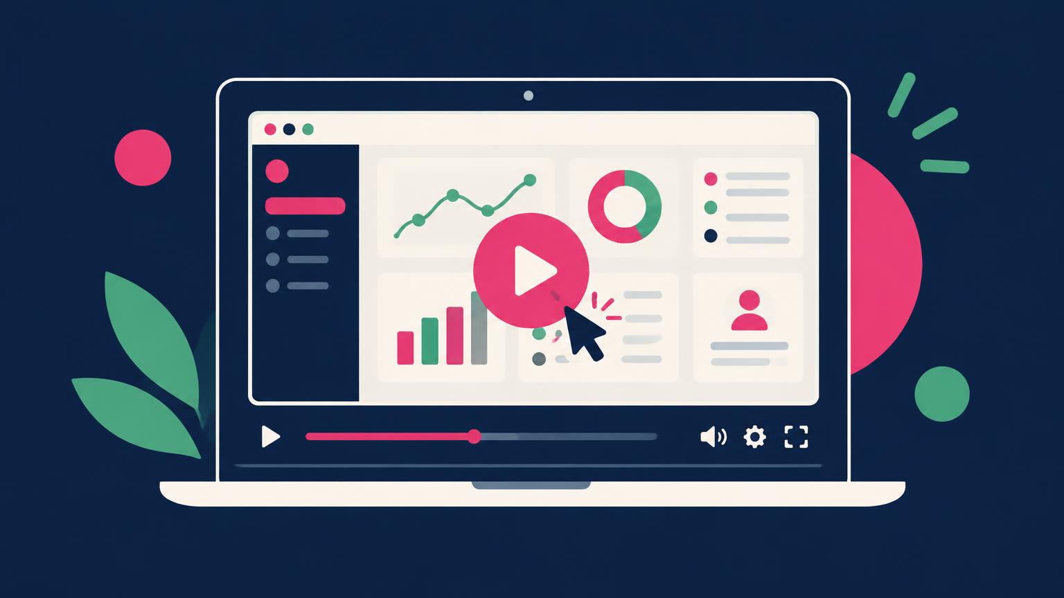 Flat illustration of a laptop showing a SaaS dashboard inside a video player with a cursor clicking play