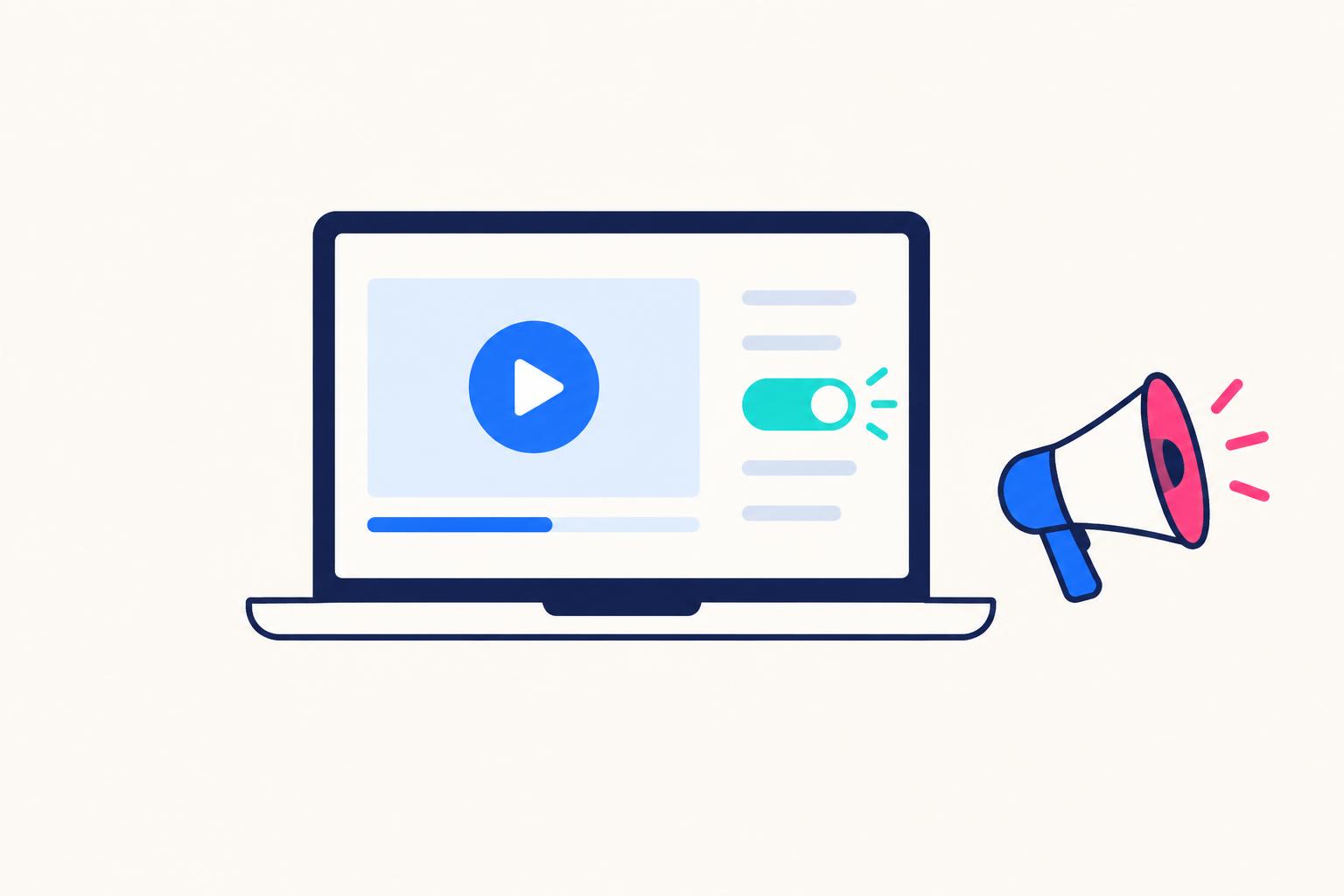 Minimal laptop video player with a highlighted feature toggle and megaphone