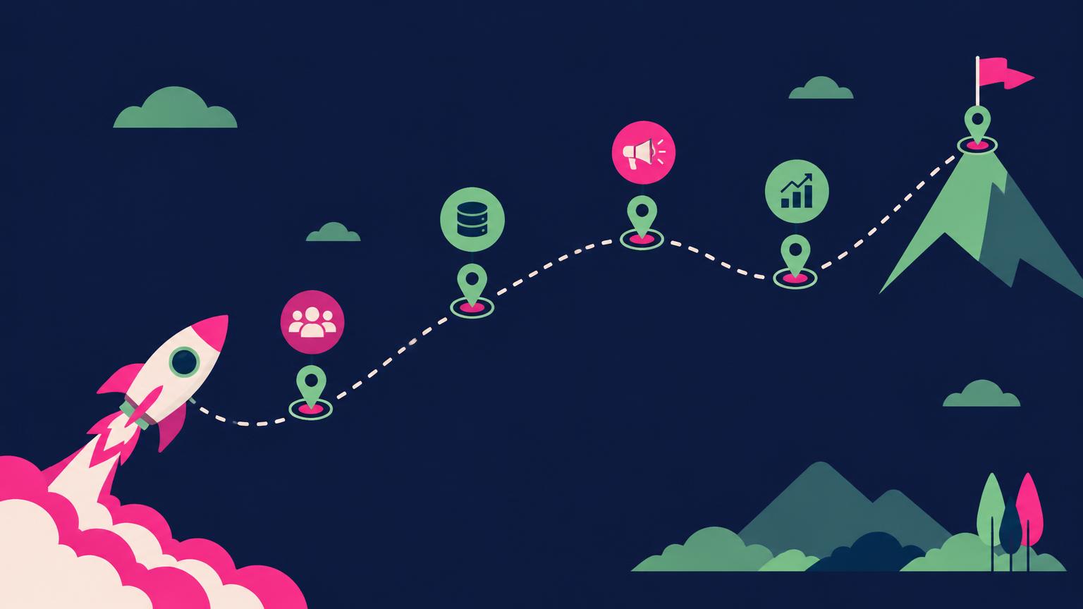 Flat illustration of a rocket launching along a dotted path of milestones toward a flag on a mountain