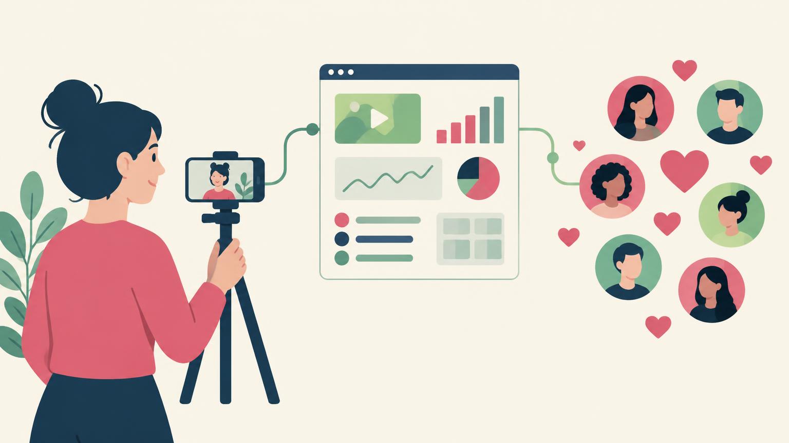 Flat illustration of a creator filming a phone video connected to a software dashboard and an audience