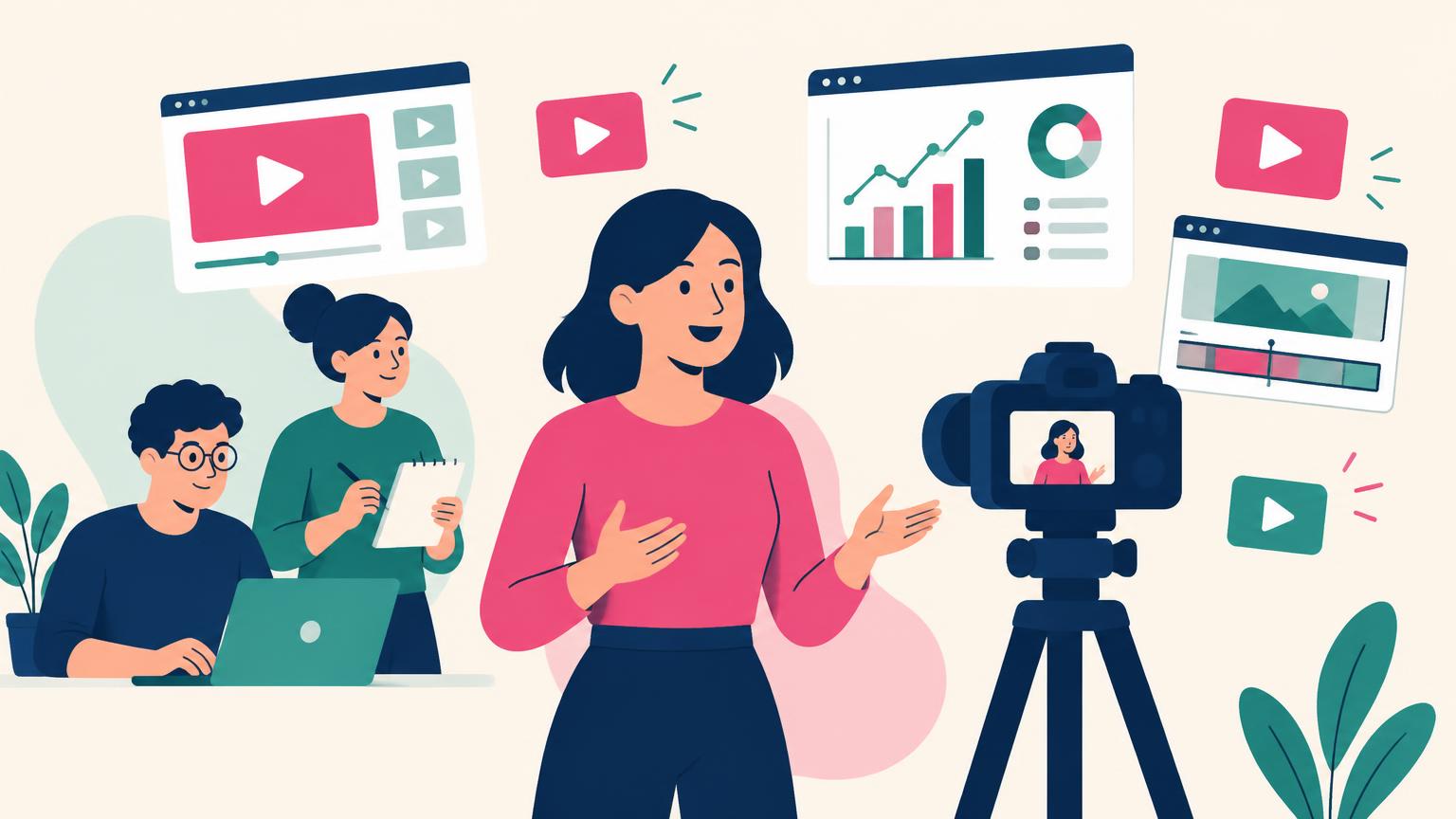 Flat illustration of a spokesperson presenting to a camera with a creative team and SaaS dashboards behind