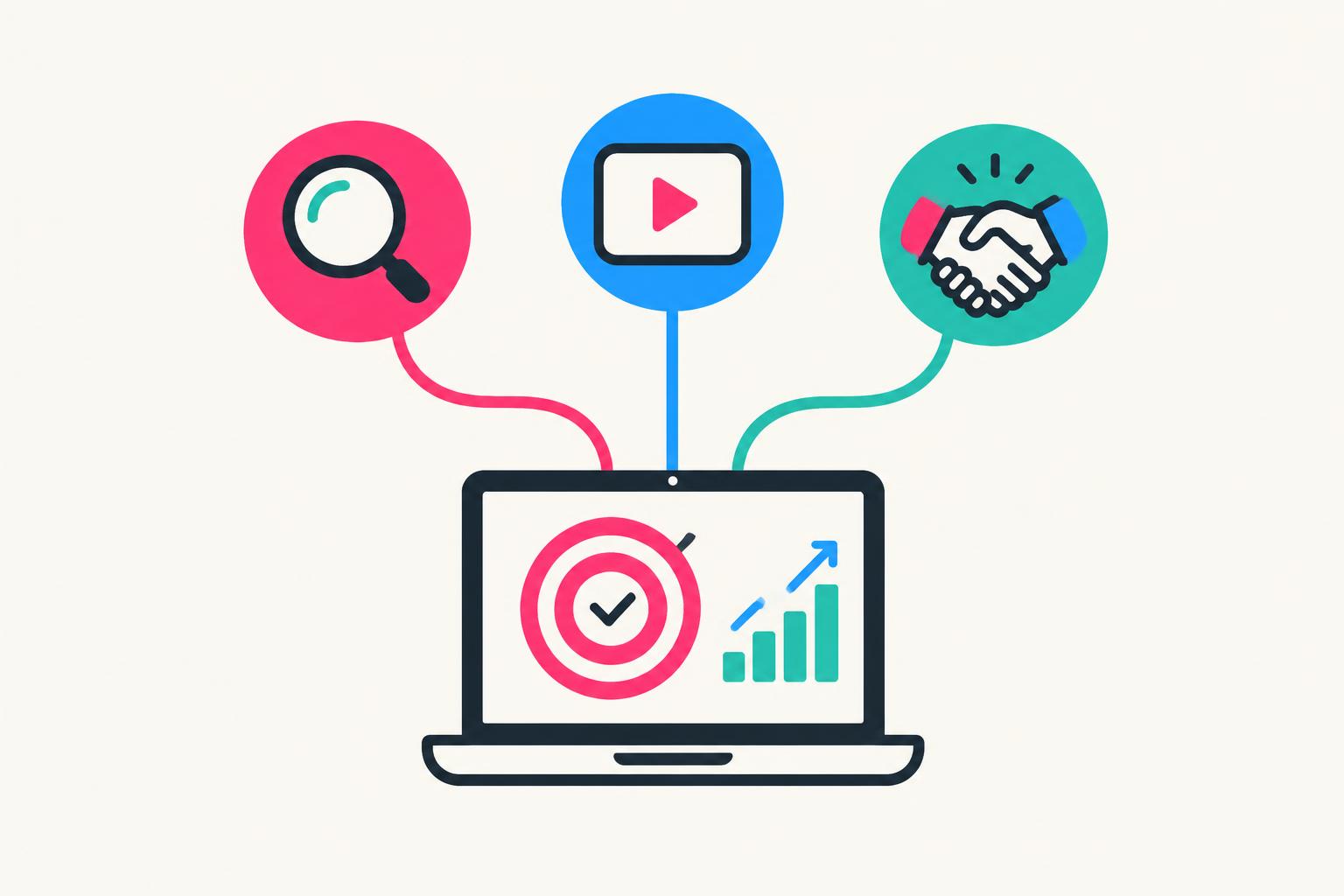 Search, video and partnership paths converging on a software laptop with a target