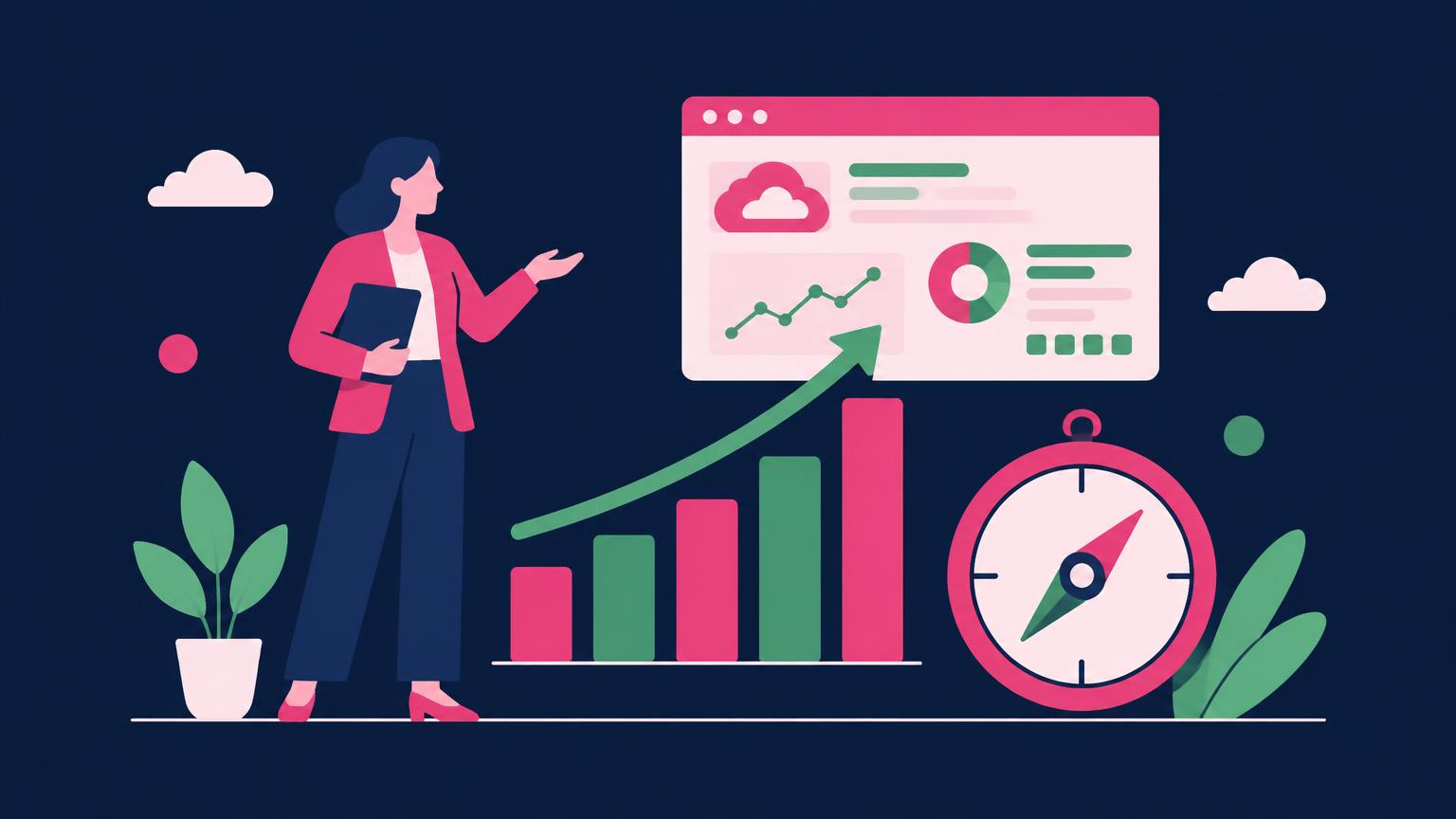 Flat illustration of a consultant presenting a growth chart next to a SaaS dashboard and compass