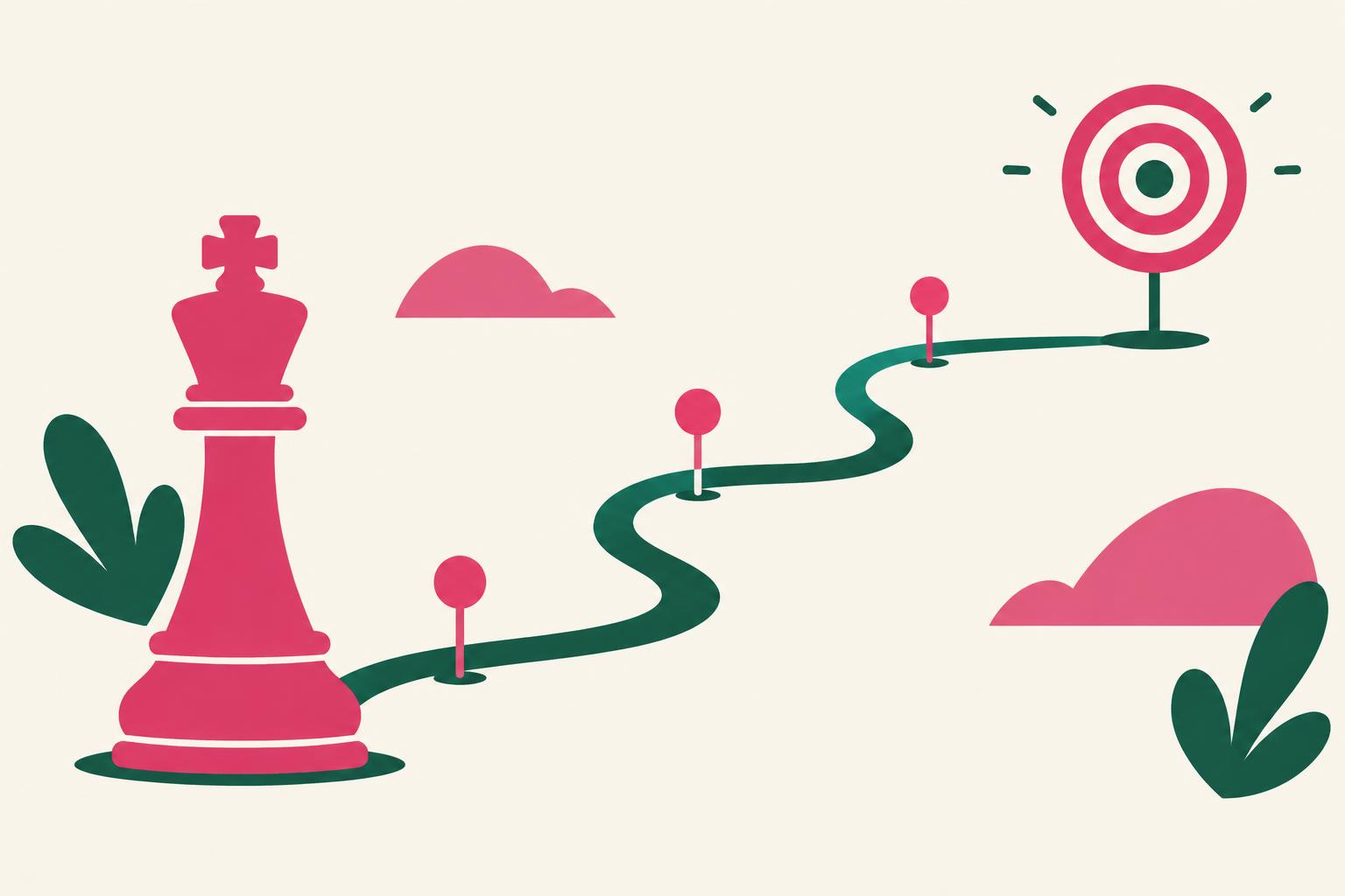 Minimal flat illustration of a chess piece and a roadmap leading to a target