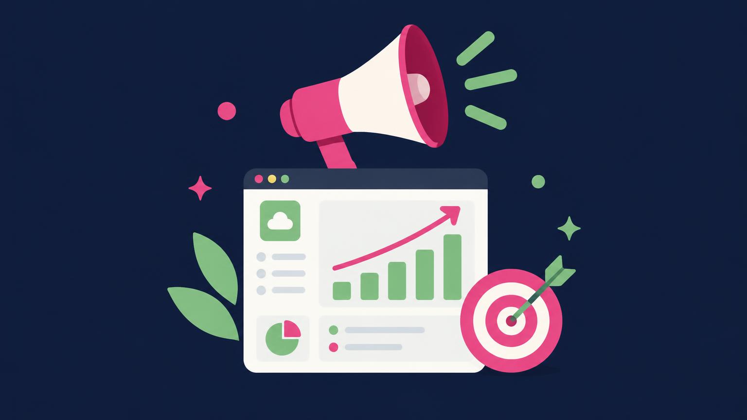 Flat illustration of a megaphone above a SaaS dashboard with a rising chart and a target