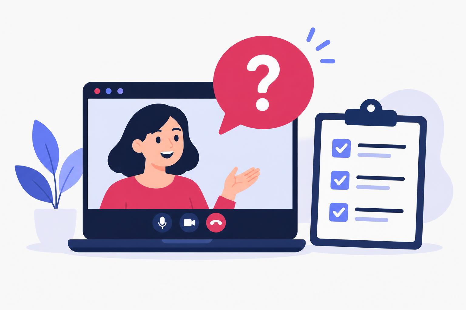Video call window with a speech bubble question mark beside a checked clipboard