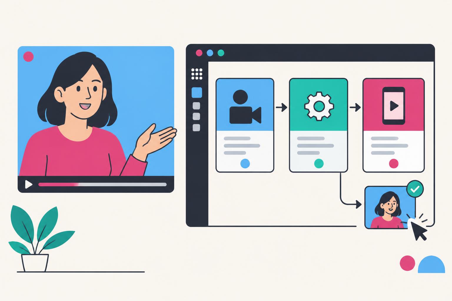 Illustration of a human presenter alongside a three-stage software demonstration