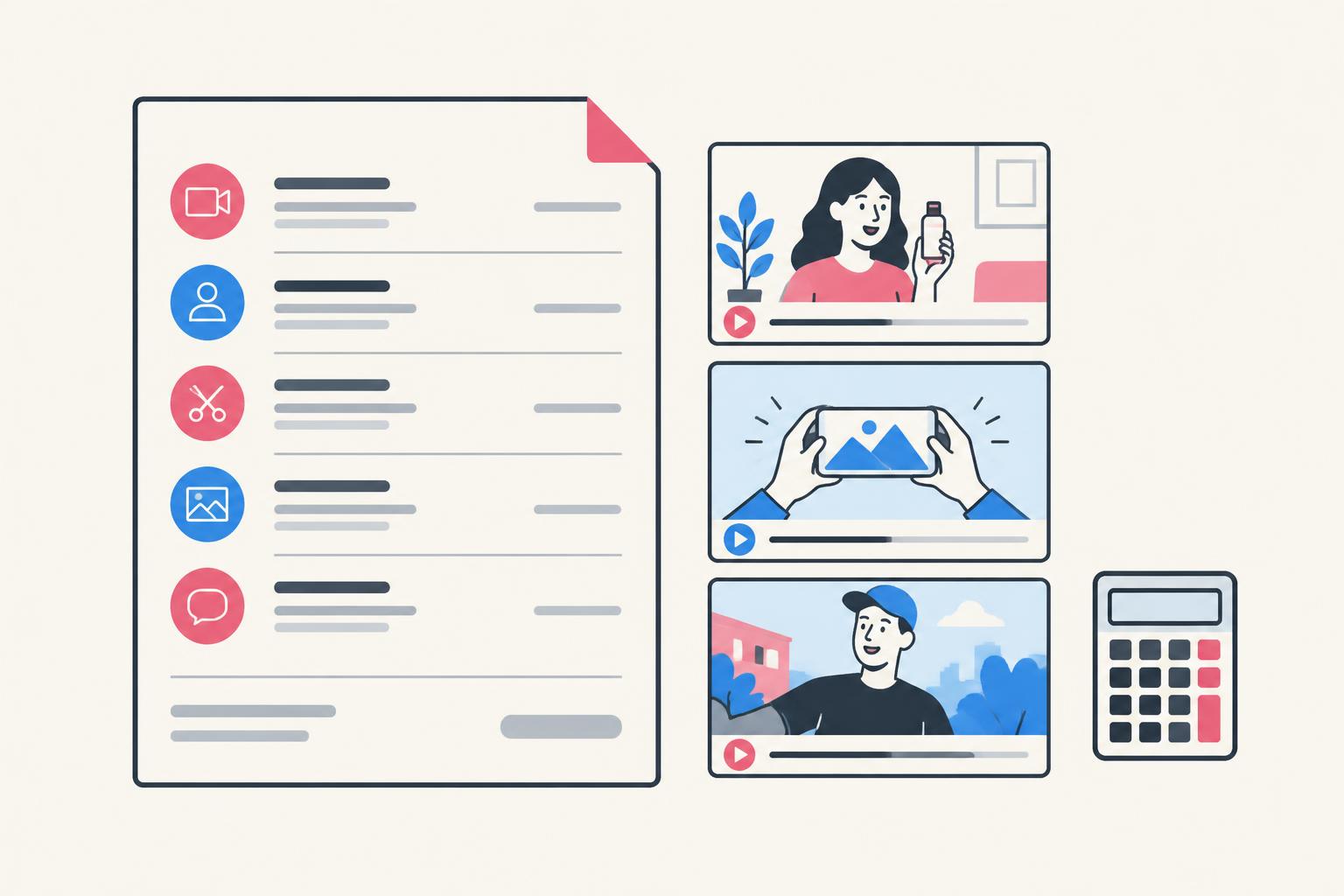 Flat estimate illustration with deliverable thumbnails, itemized rows, and calculator