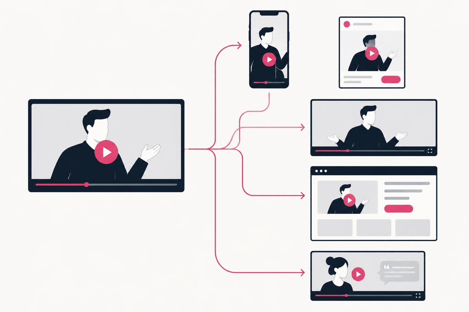 Flat diagram showing one UGC video repurposed into multiple formats