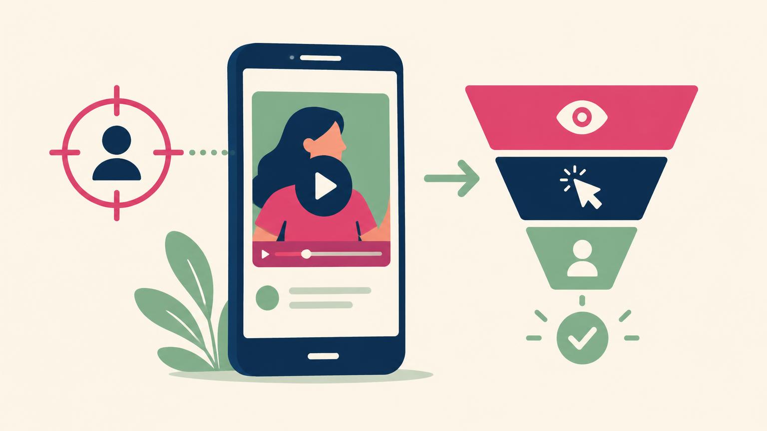Flat illustration of a phone playing a video ad next to a targeting icon and a conversion funnel