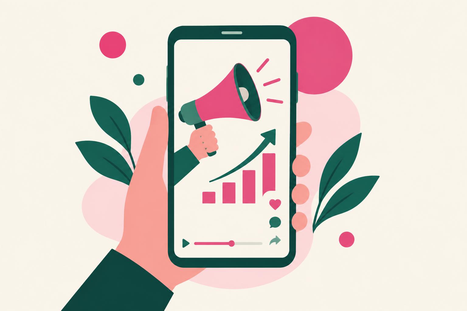 Minimal flat illustration of a phone with a megaphone and rising chart