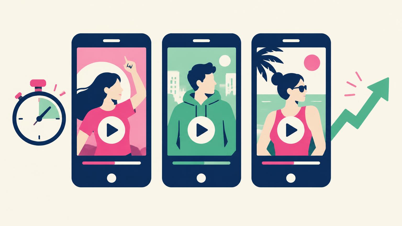 Flat illustration of three smartphones playing short vertical videos next to a stopwatch and rising arrow
