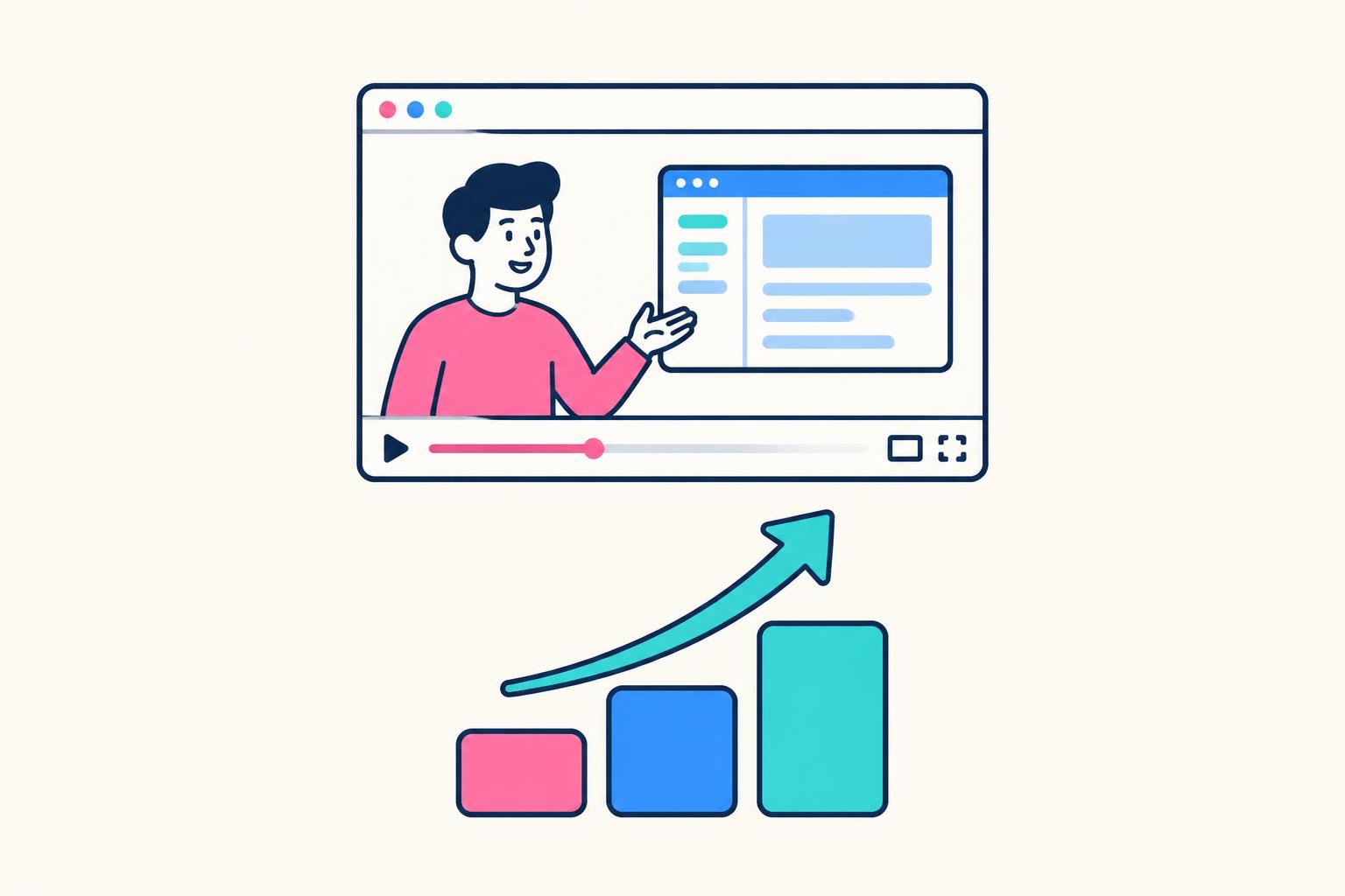 Minimal presenter and software video player above three stepping blocks