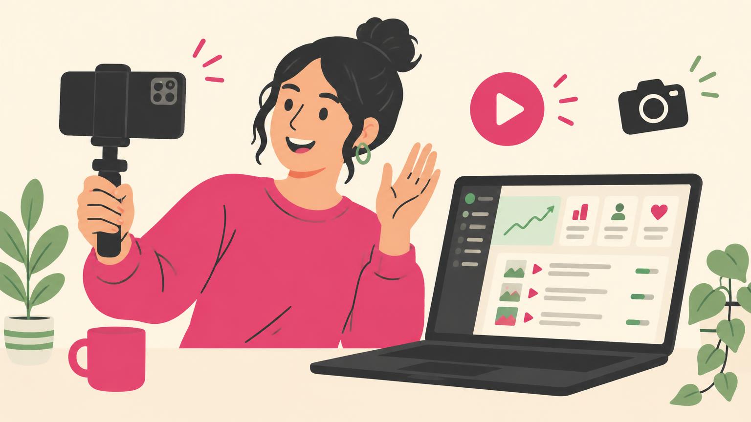 Flat illustration of a creator filming herself on a phone next to a laptop showing a software dashboard
