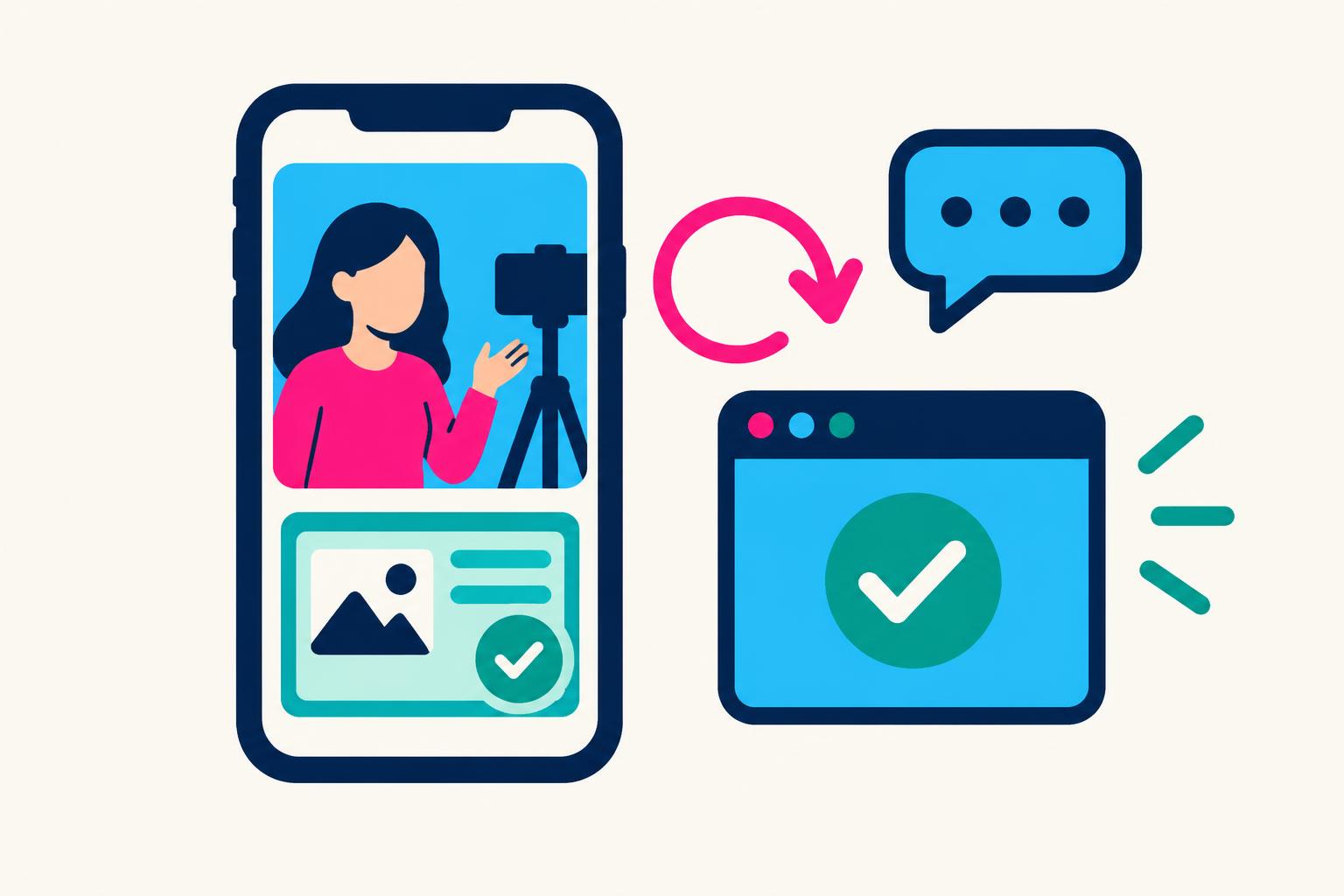 Creator phone showing a software result beside a comment bubble and feedback arrow