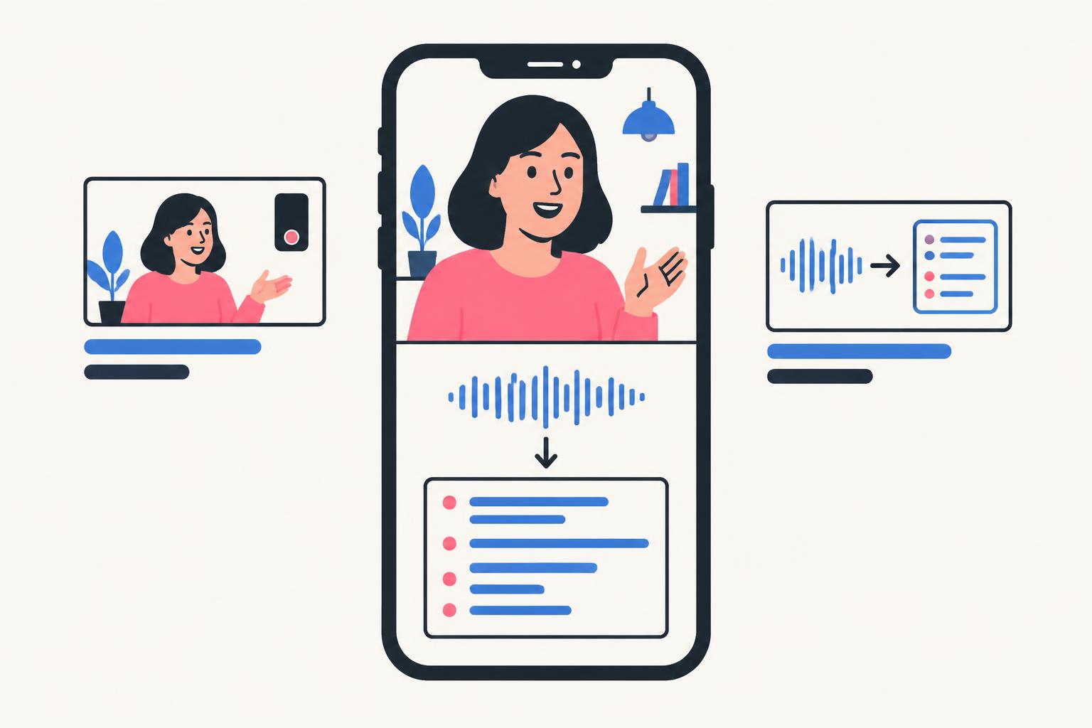 Flat phone illustration showing a creator and a voice-note-to-action-items workflow