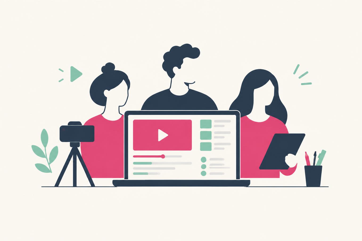 Flat illustration of creators filming and presenting a software product